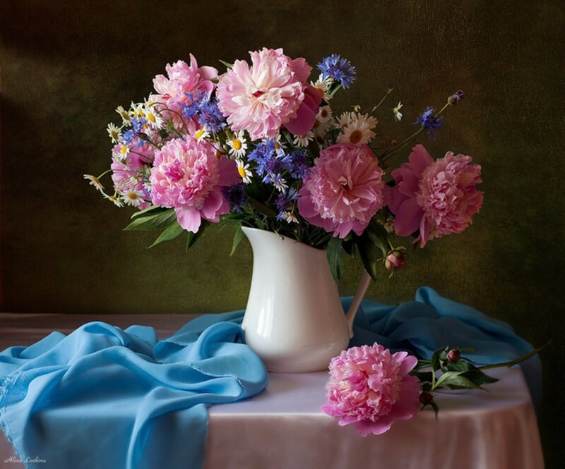Peony Bouquet in Vase — Pink, Serene, Painting, Cloth