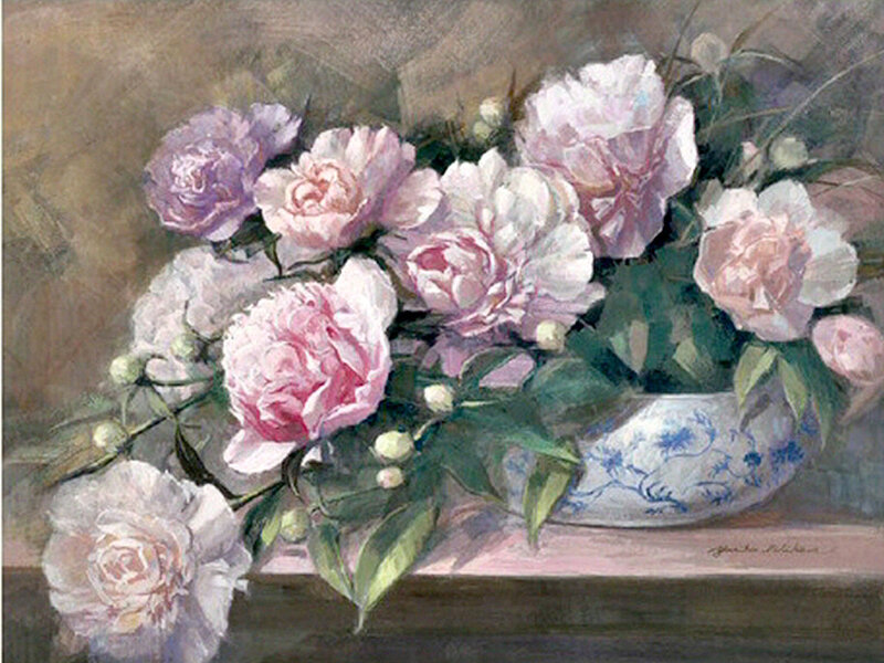 Peony Bouquet in Vase — Pink, Serene, Painting, Flowers