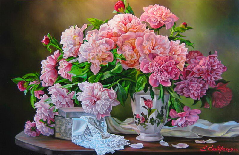 Peony Bouquet in Vase — Pink, Serene, Painting, Lace