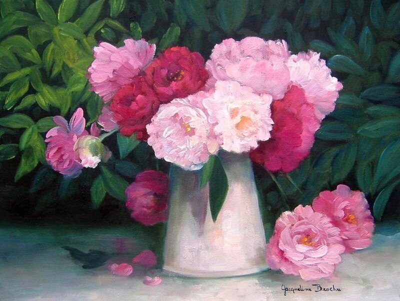 Peony Bouquet in Vase — Pink, Serene, Painting, Leaves