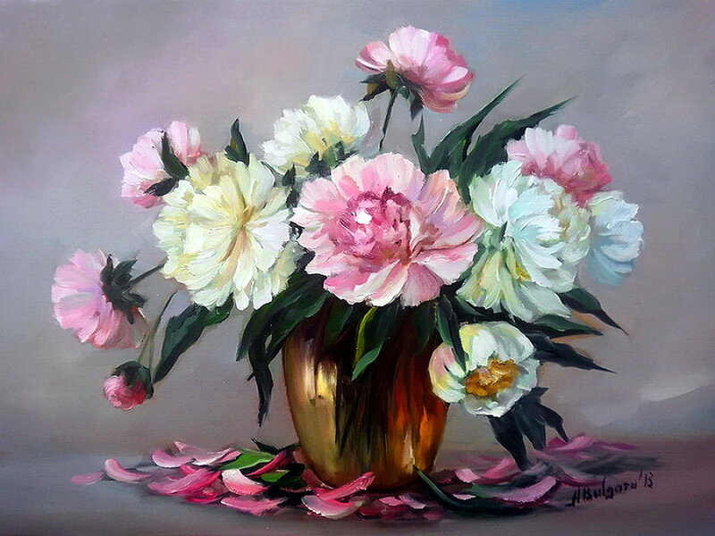 Peony Bouquet in Vase — Pink, Serene, Painting, Petals