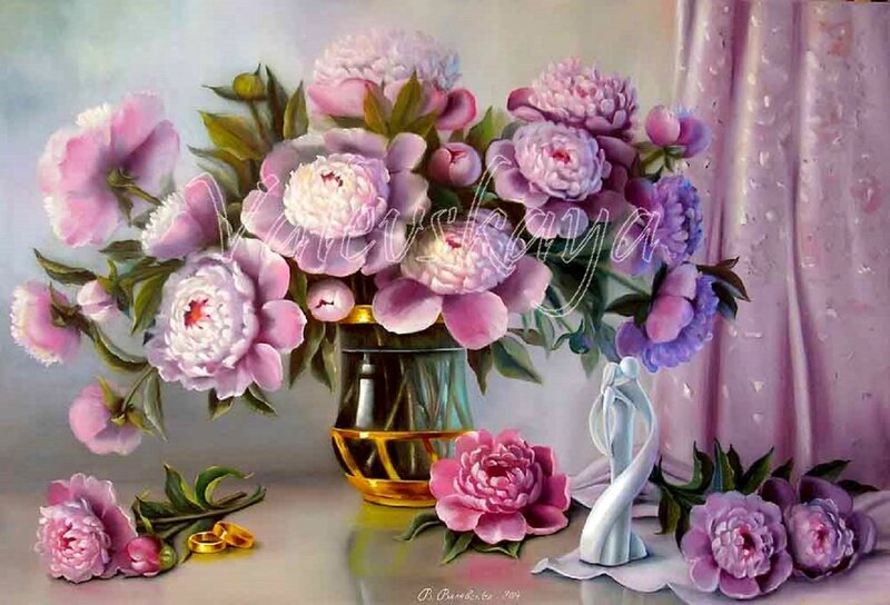 Peony Bouquet in Vase — Pink, Serene, Painting, Rings