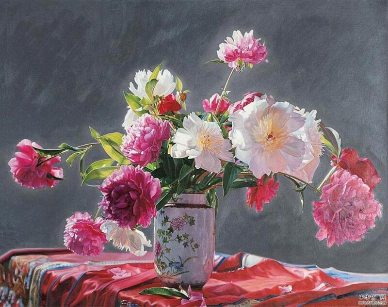Peony Bouquet in Vase — Pink, Serene, Painting, Tablecloth