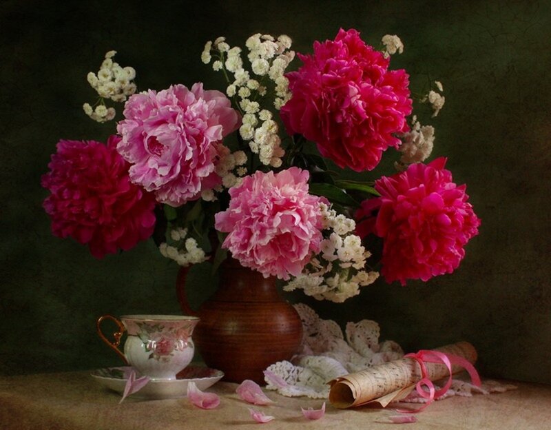 Peony Bouquet in Vase — Pink, Serene, Painting, Teacup
