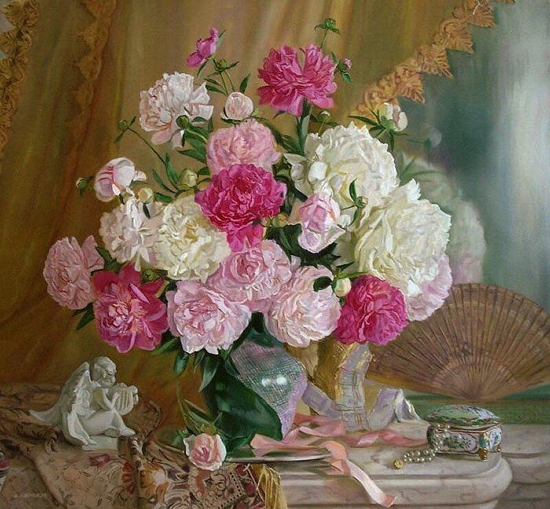 Peony Bouquet in Vase — Pink, Serene, Painting