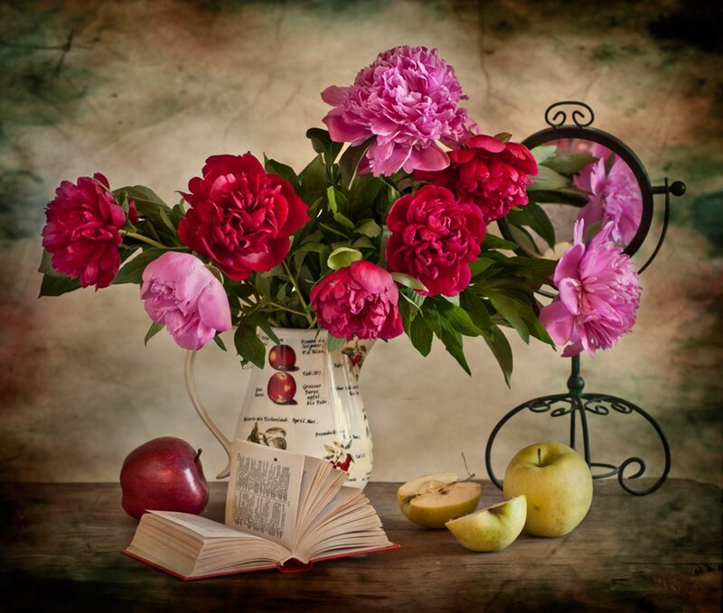 Peony Bouquet in Vase — Pink, Serene, Photograph, Apples