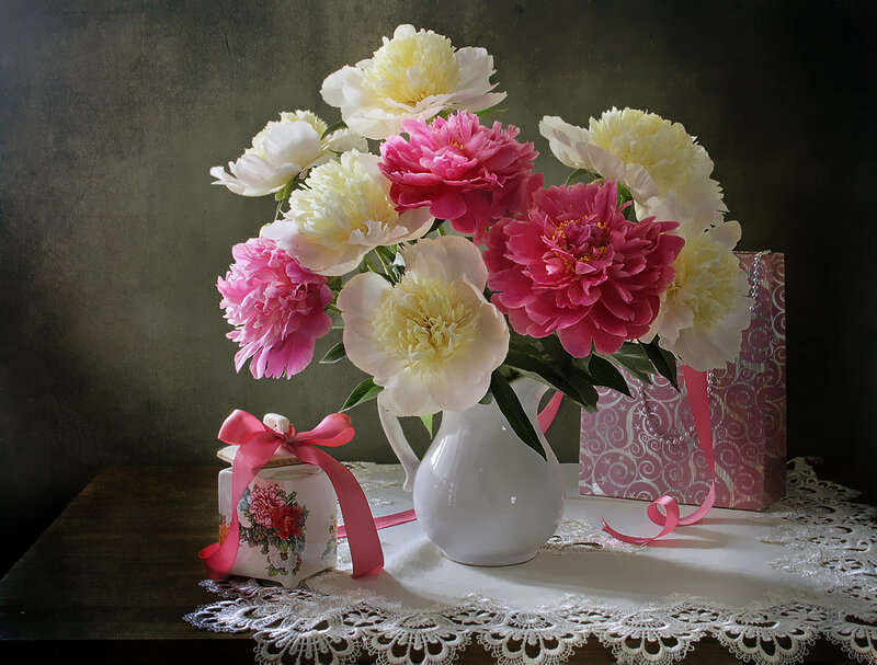 Peony Bouquet in Vase — Pink, Serene, Photograph, Gift Box