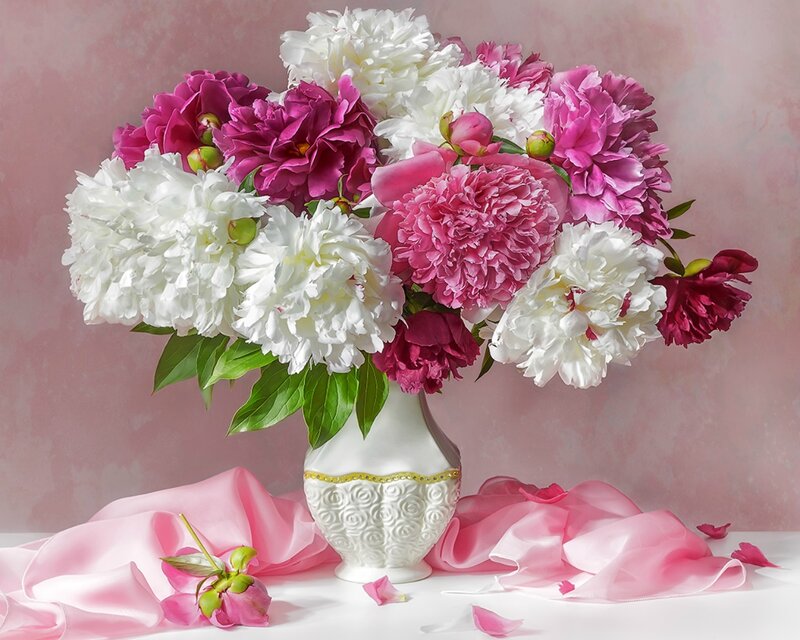 Peony Bouquet in Vase — Pink, Serene, Photograph, Silk Fabric