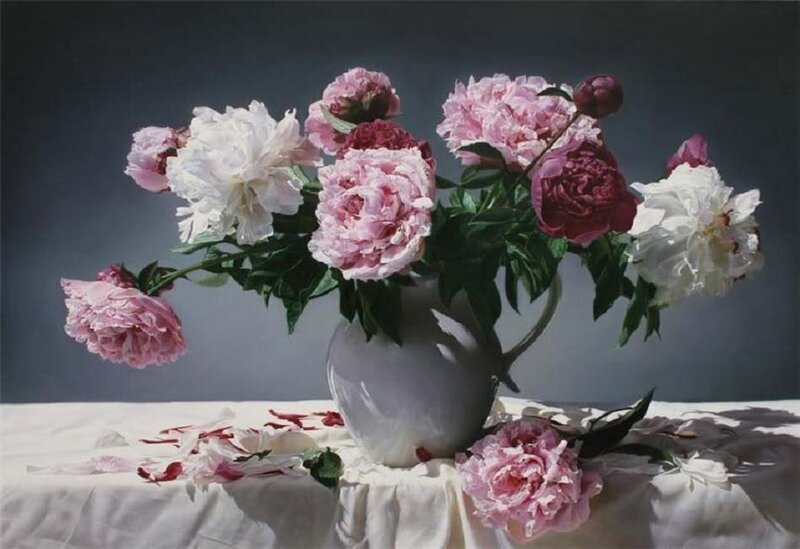 Peony Bouquet in Vase — Pink, Serene, Photograph, Tablecloth