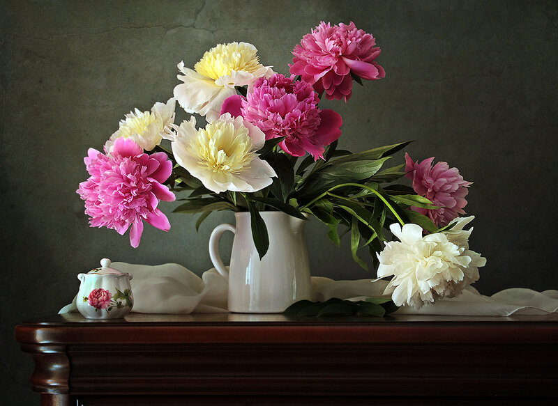 Peony Bouquet in Vase — Pink, Serene, Photograph, Teapot