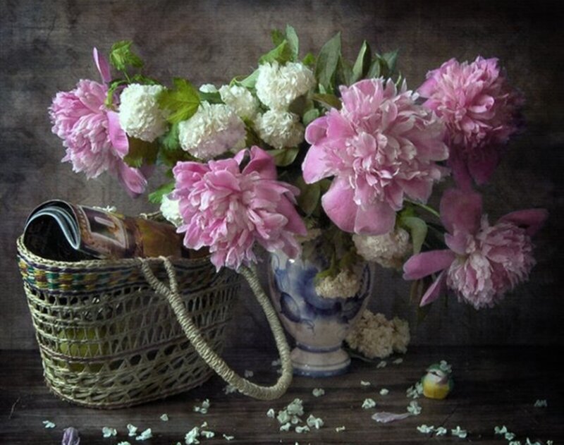 Peony Bouquet in Vase — Pink, Serene, Photograph, Wicker Basket