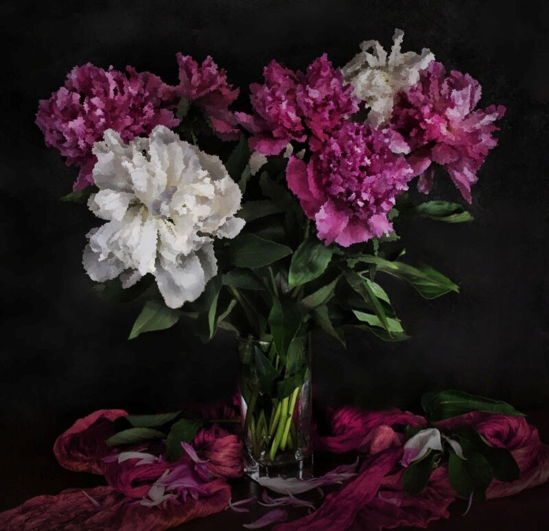 Peony Bouquet in Vase — Purple, Dramatic, Photograph
