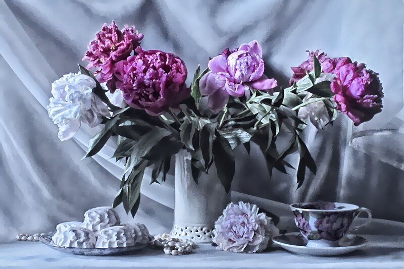 Peony Bouquet in Vase — Purple, Serene, Photograph