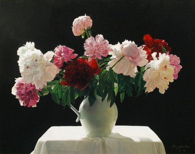 Peony Bouquet in Vase — White, Dramatic, Painting