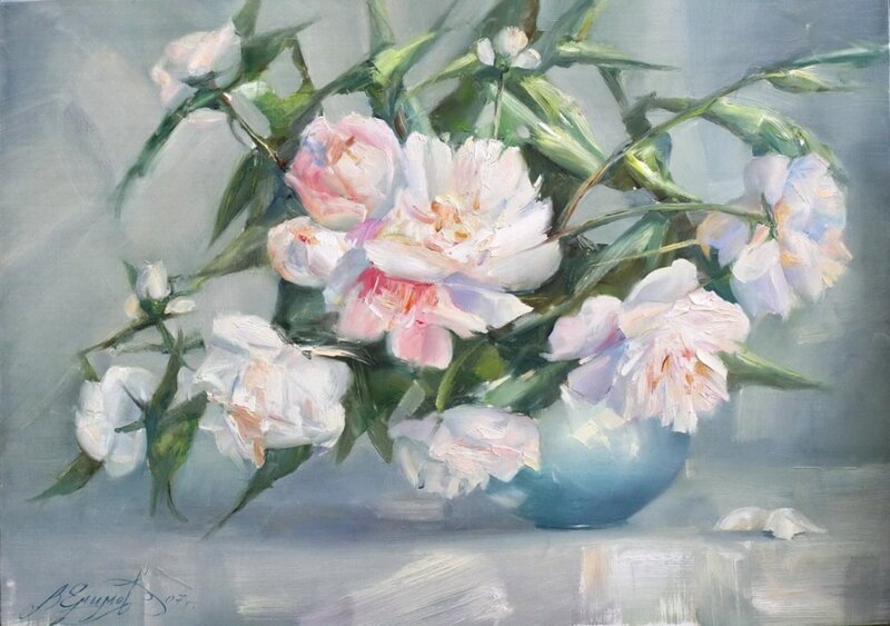 Peony Bouquet in Vase — White, Serene, Painting, Flowers