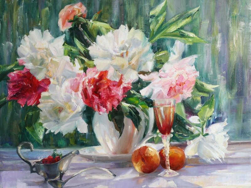 Peony Bouquet in Vase — White, Serene, Painting, Glass of Wine
