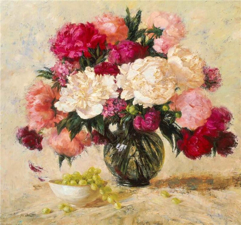 Peony Bouquet in Vase — White, Serene, Painting, Grapes