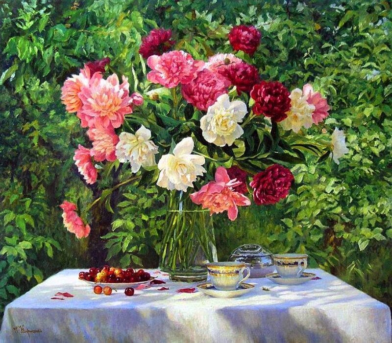 Peony Bouquet on Table — Green, Serene, Afternoon