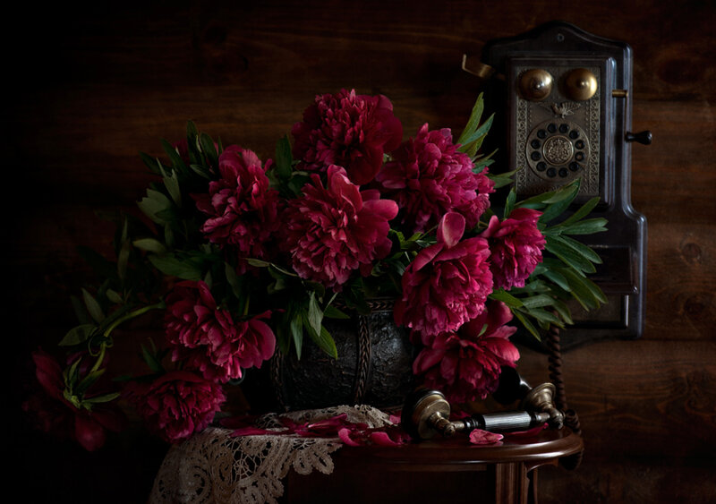 Peony Bouquet on Table — Maroon
