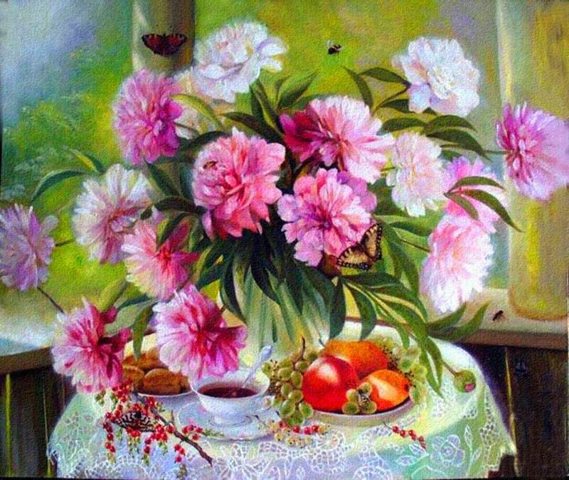 Peony Bouquet on Table — Pink, Serene, Afternoon