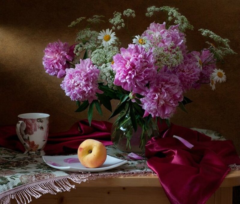 Peony Bouquet on Table — Pink, Serene, Photograph, Apple