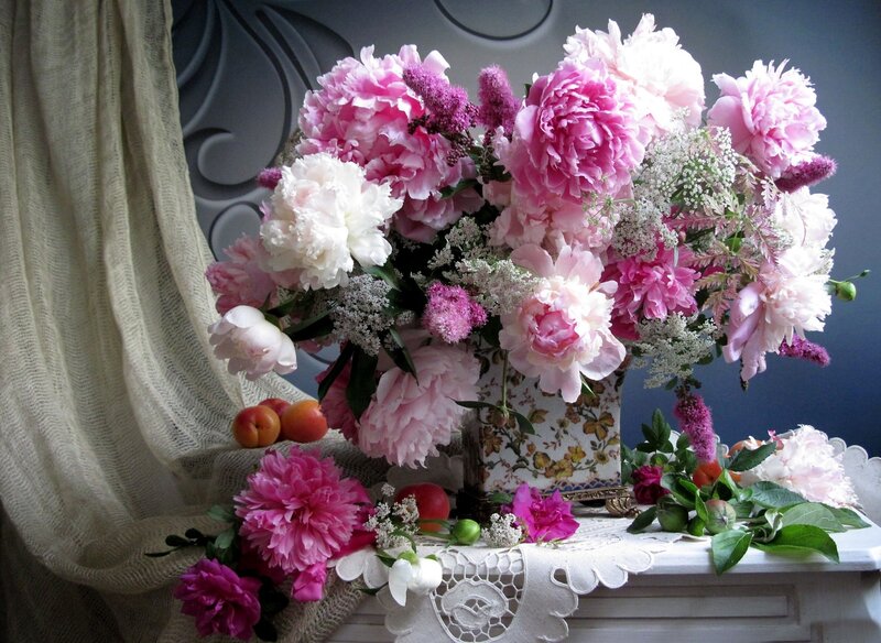 Peony Bouquet on Table — Pink, Serene, Photograph, Fruit