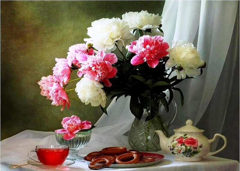 Peony Bouquet on Table — Pink, Serene, Photograph, Tea Set