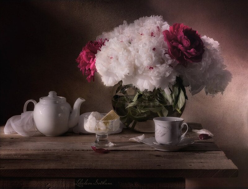 Peony Bouquet on Table — White, Dramatic, Photograph