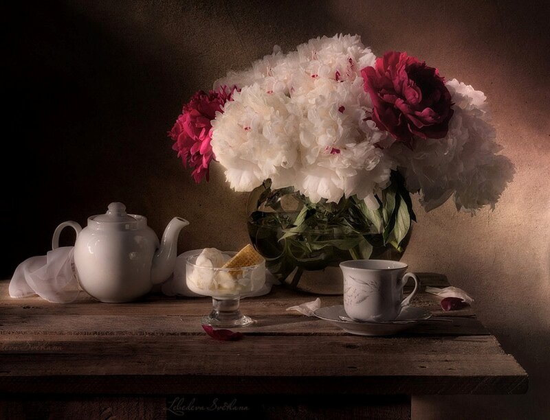 Peony Bouquet on Table — White, Dramatic