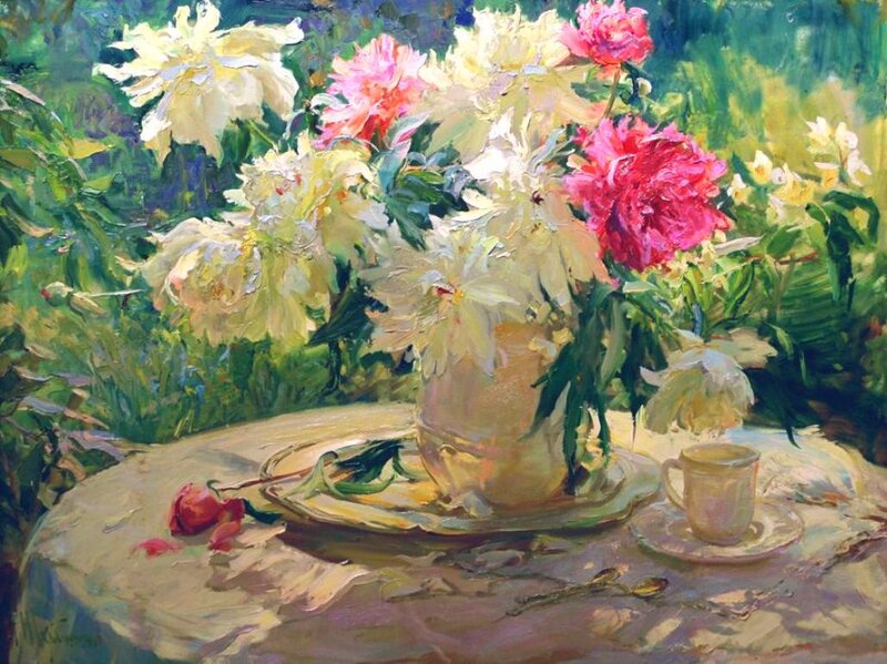 Peony Bouquet on Table — White, Serene, Afternoon