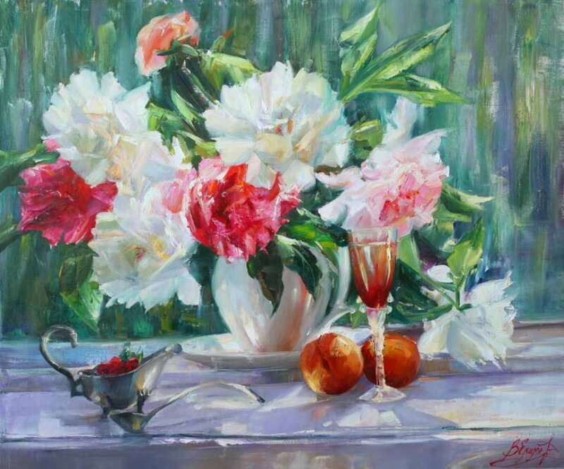 Peony Bouquet on Table — White, Serene, Painting, Fruit
