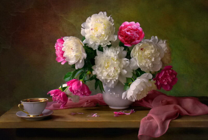 Peony Bouquet on Table — White, Serene, Painting