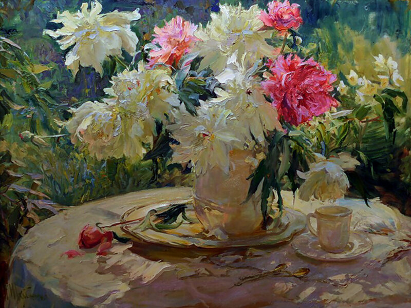 Peony Bouquet on Table — White