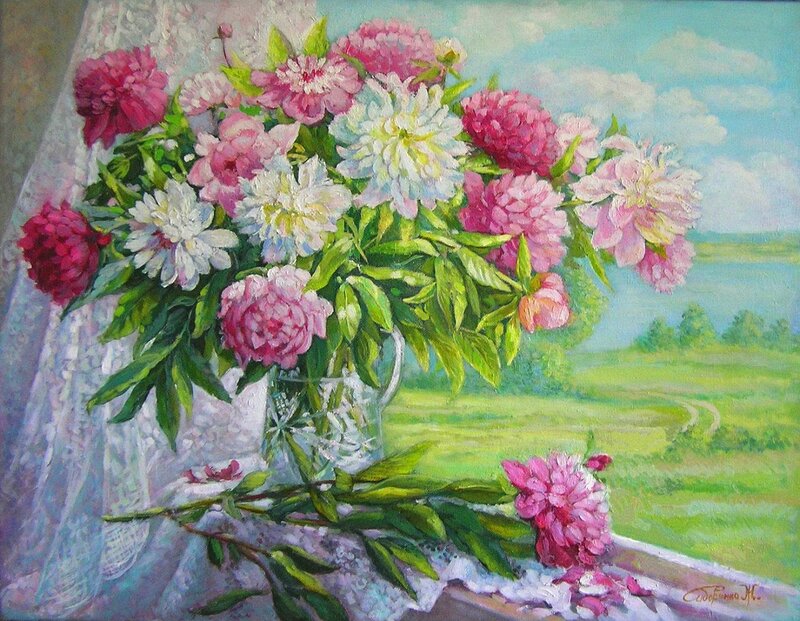 Peony Bouquet on Windowsill — Pink