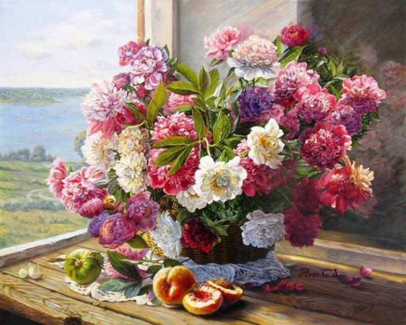 Peony Bouquet on Windowsill