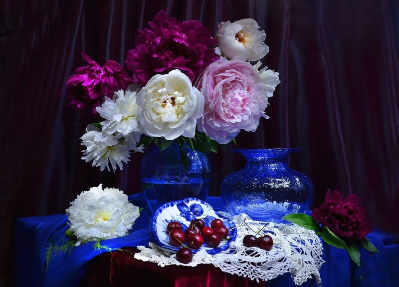 Peony Bouquet with Cherries — Blue