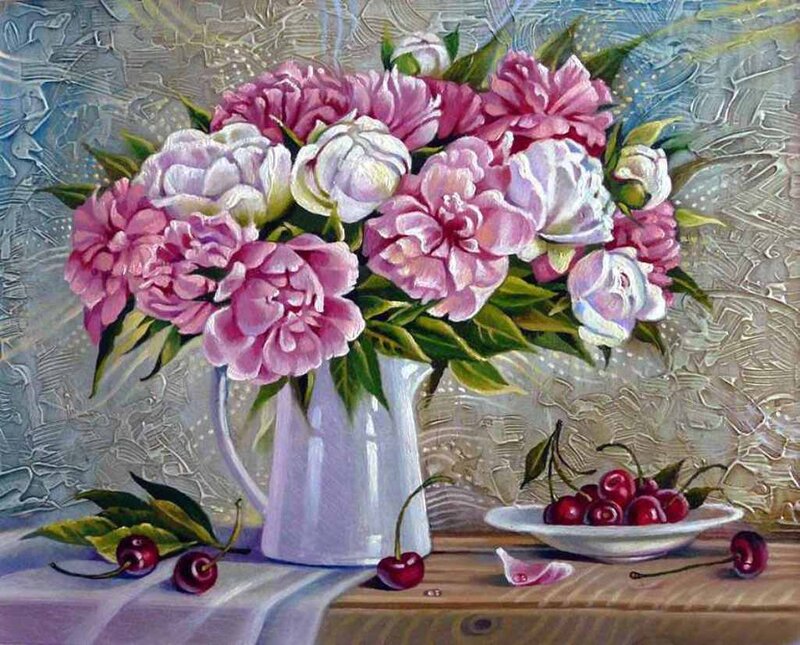 Peony Bouquet with Cherries — Pink, Calm