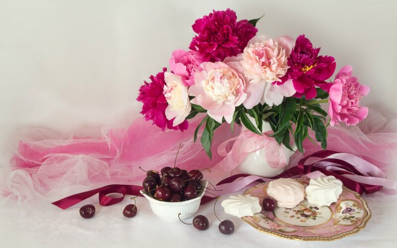 Peony Bouquet with Cherries — Pink, Serene, Photograph, Meringues