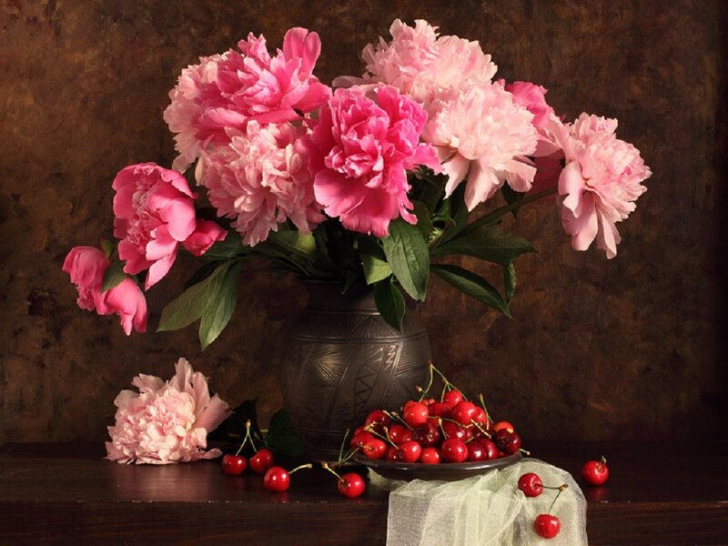 Peony Bouquet with Cherries — Pink, Serene, Photograph, Vase