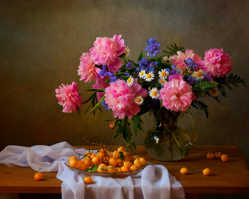 Peony Bouquet with Cherries — Pink, Serene