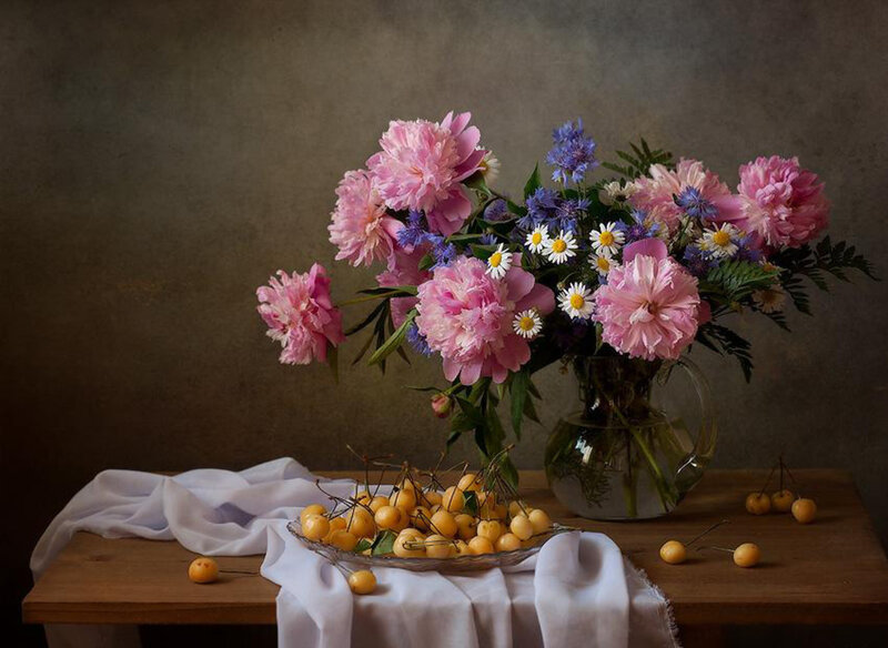 Peony Bouquet with Cherries — Pink