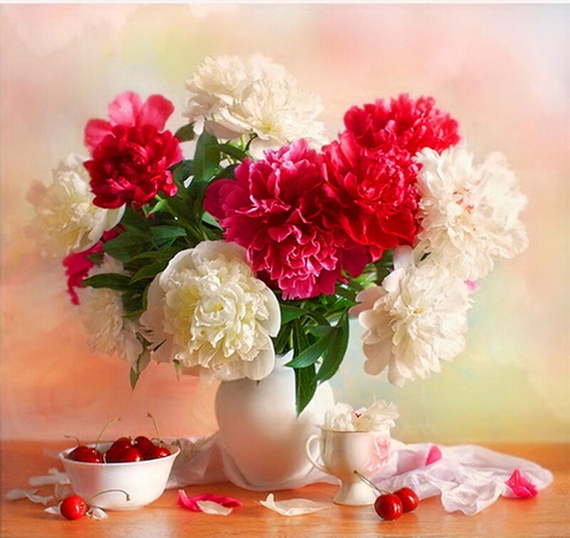 Peony Bouquet with Cherries — Red