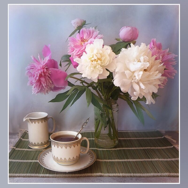 Peony Bouquet with Tea Set — Pink, Serene