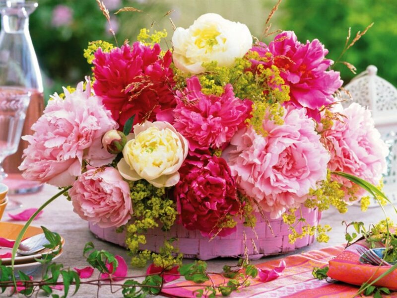 Peony Flower Arrangement — Pink, Festive, Afternoon, Photograph, Basket, Table Setting