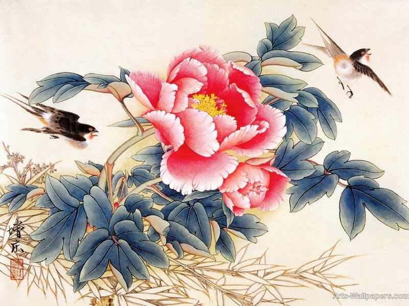 Peony Flower with Birds
