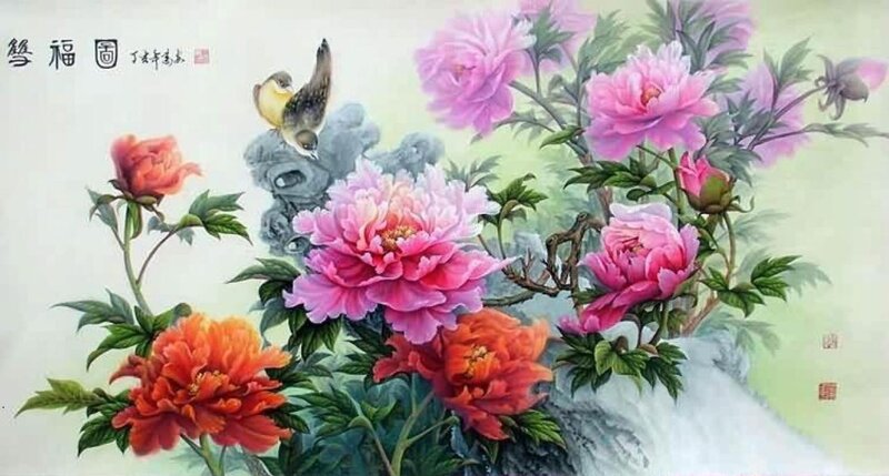 Peony Flowers and Bird — Pink, Serene