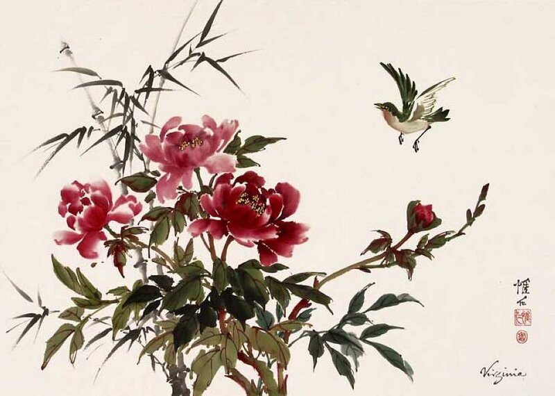 Peony Flowers and Bird