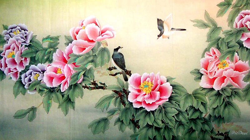Peony Flowers and Birds — Pink, Serene, Painting
