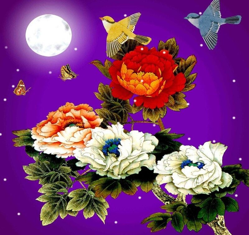 Peony Flowers and Birds — Purple