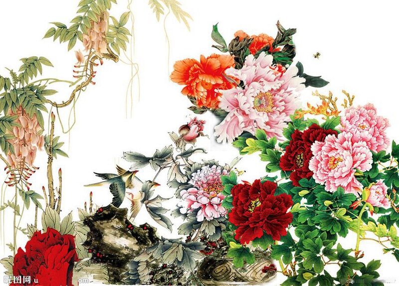 Peony Flowers and Birds — Red, Serene